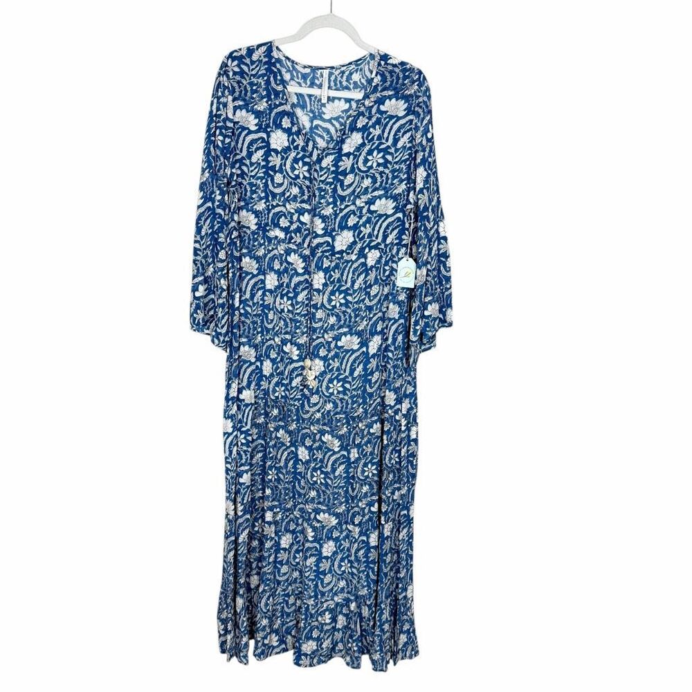 NWT RockFlowerPaper Jasmine Maxi Dress Womens L/XL Blue Floral Tiered Tie Neck
